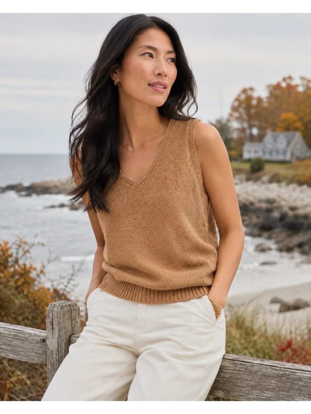 J Crew Womens Slub Sweater Shell XXS Warm Brandy Tan Cotton Minimalist Preppy